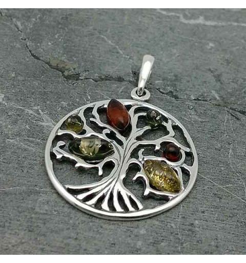 Tree life pendant with amber