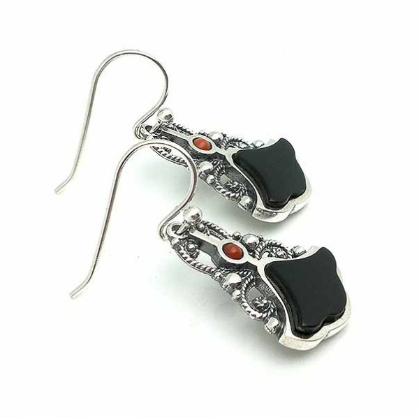 Silver, jet and coral earrings.