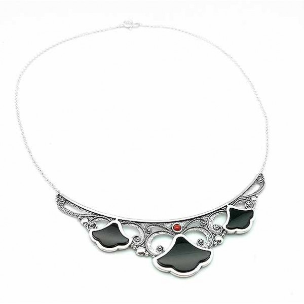 Sterling silver, jet and coral choker