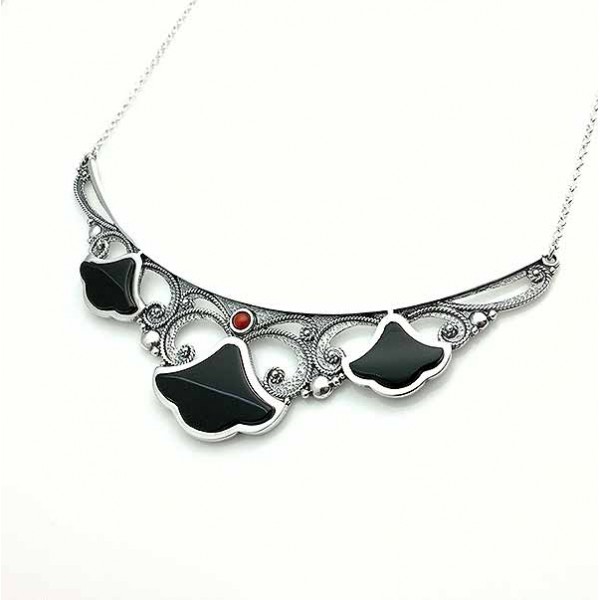 Sterling silver, jet and coral choker