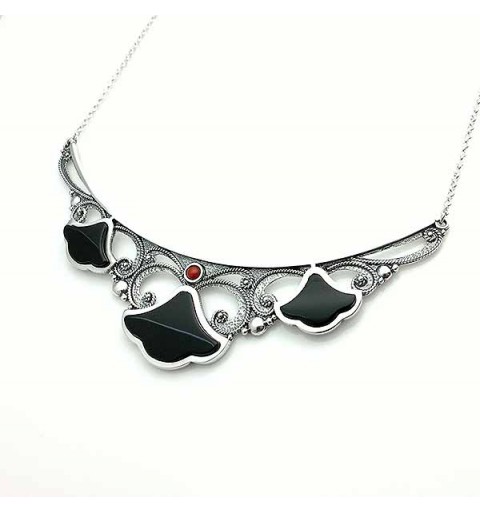 Sterling silver, jet and coral choker