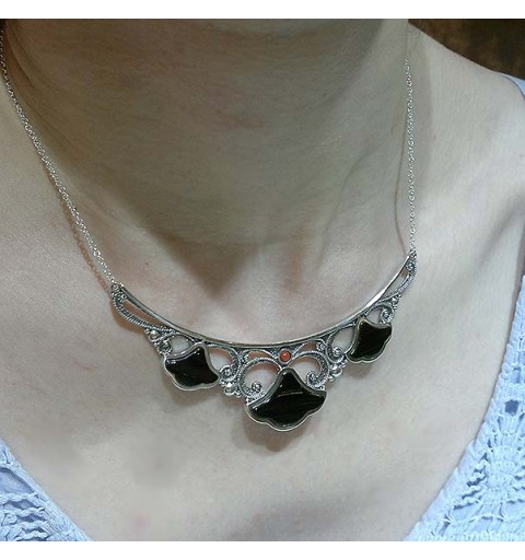Sterling silver, jet and coral choker