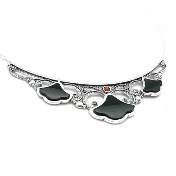 Sterling silver, jet and coral choker