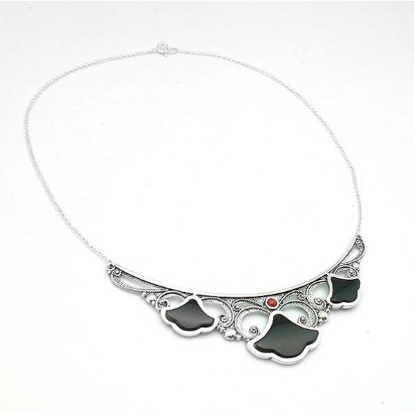 Sterling silver, jet and coral choker