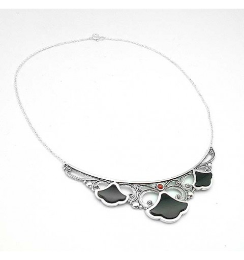 Sterling silver, jet and coral choker