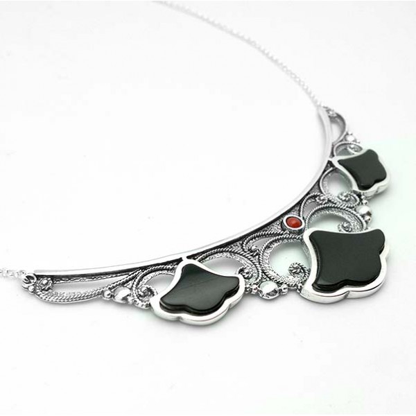 Sterling silver, jet and coral choker