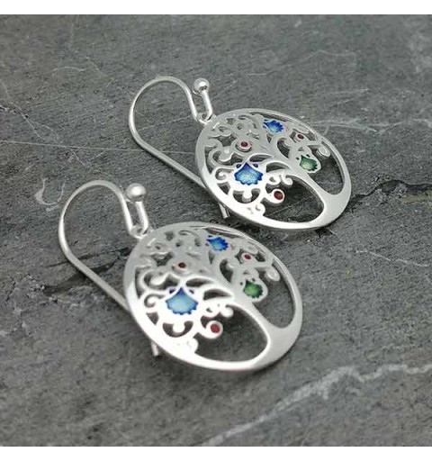 Tree of life earrings, with motifs of the road to Santiago, in sterling silver