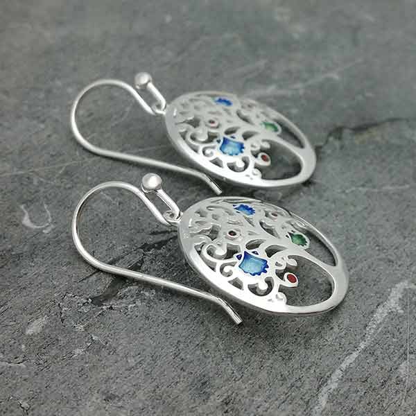 Tree of life earrings, with motifs of the road to Santiago, in sterling silver