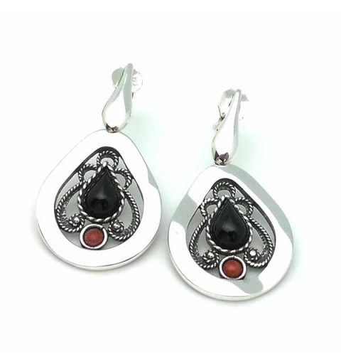 Silver, jet and coral earrings.