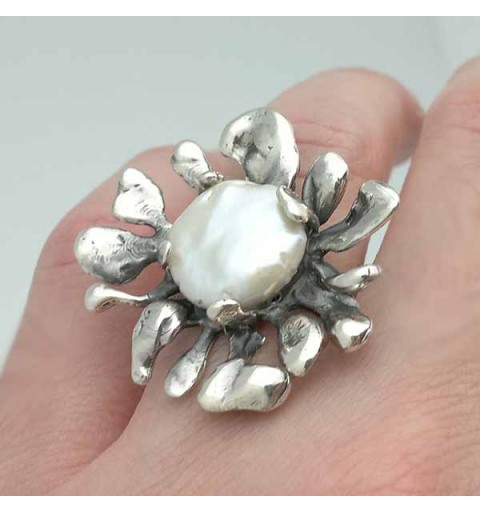 Silver and pearl ring, contemporary jewelry