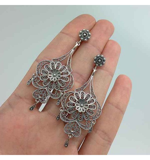 Pendientes largos filigrana en plata de ley