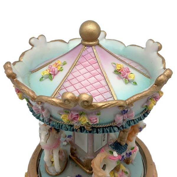 Musical carousel to scale, in pink and light blue tones.