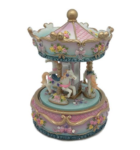 Musical carousel to scale, in pink and light blue tones.