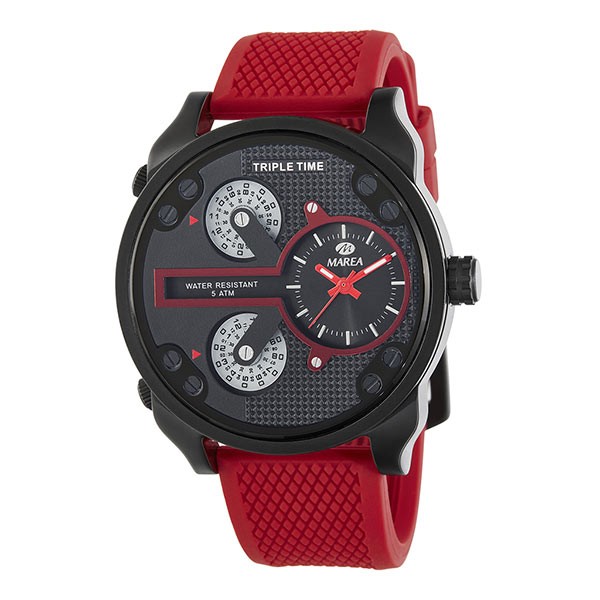 Reloj de la marca Marea en tonos rojos y negro, tipo deportivo.