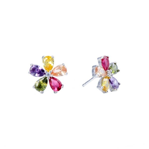 Flower earrings, multicolored, sterling silver.