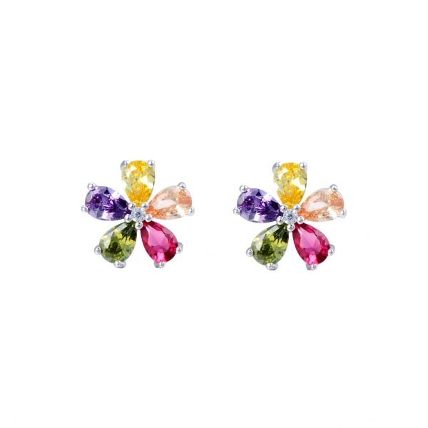 Flower earrings, multicolored, sterling silver.