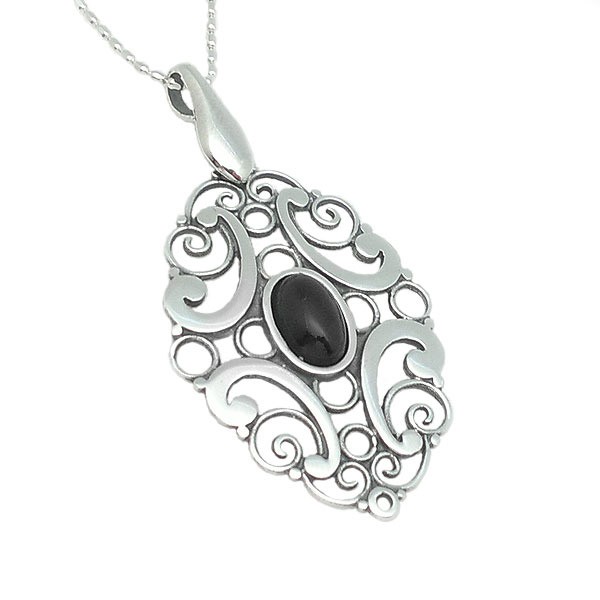 Pendant, silver and jet.