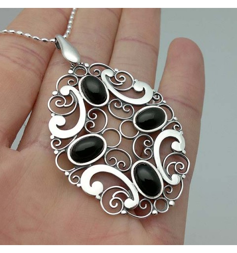 Pendant, silver and jet, chain included.