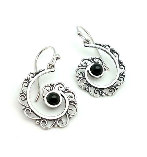 Half spiral earrings, made of sterling silver and jet.