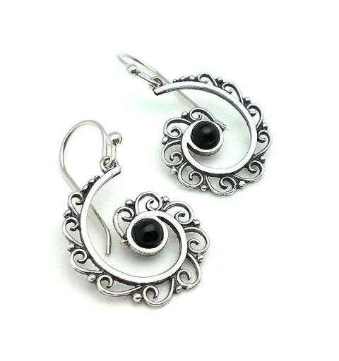 Half spiral earrings, made of sterling silver and jet.