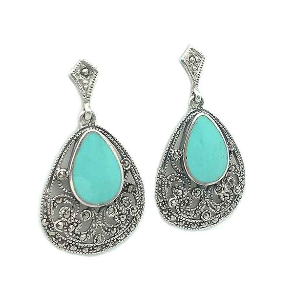 Earrings, sterling silver, turquoise and marcasites.