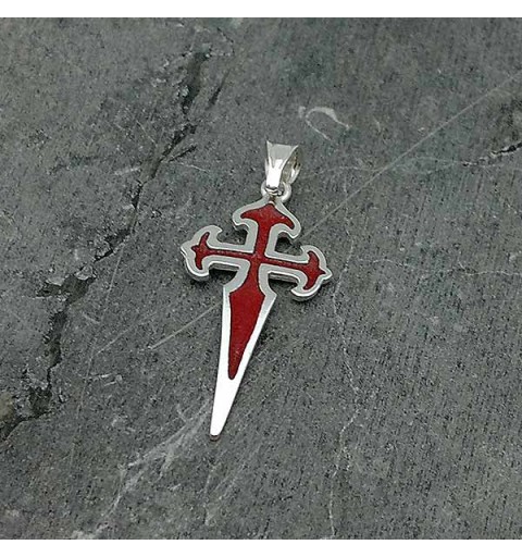 Pendant in sterling silver and fire enamel, with the shape of the cross of Santiago de Compostela.