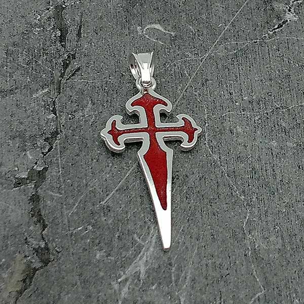 Pendant in sterling silver and fire enamel, with the shape of the cross of Santiago de Compostela.