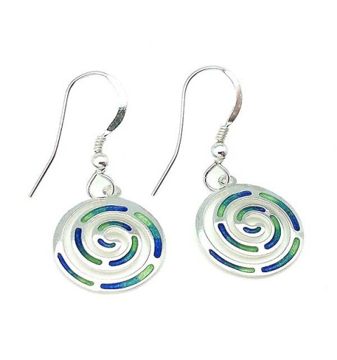 Earrings with the Celtic symbol of the spiral, in silver and fire enamel.