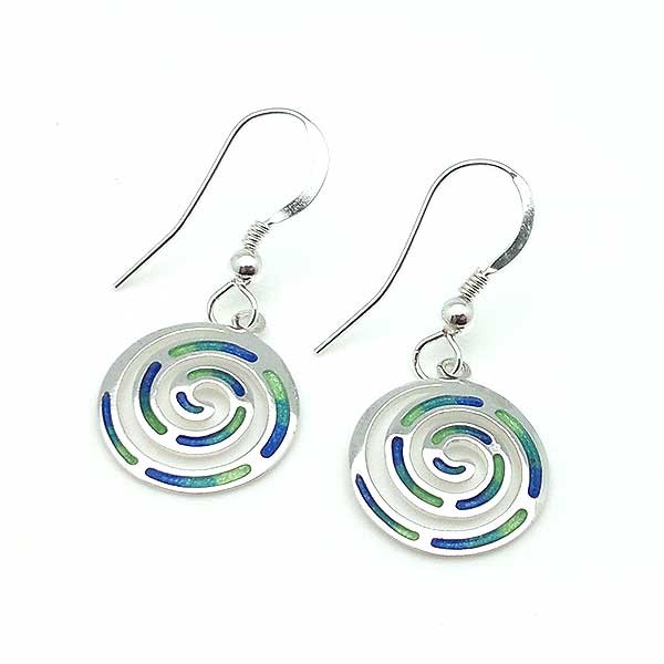 Earrings with the Celtic symbol of the spiral, in silver and fire enamel.