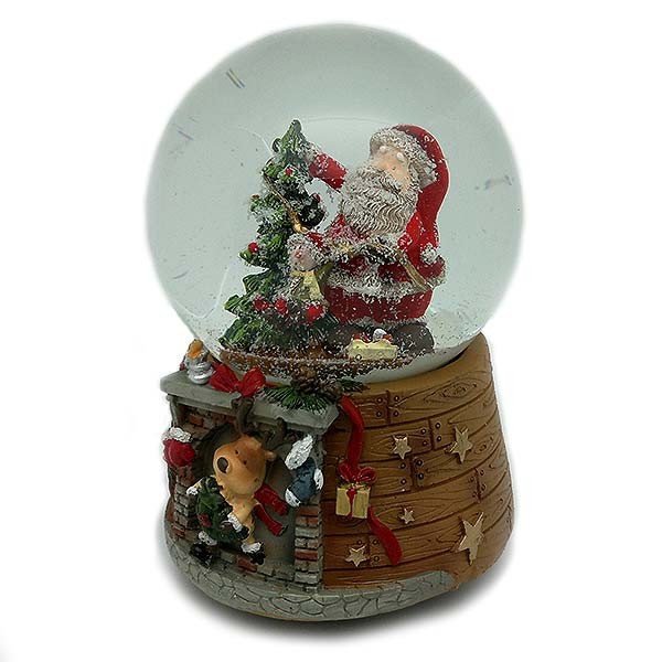 Bola de nieve musical, con papá Noel y árbol navideño.