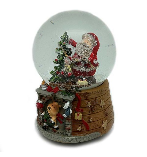 Bola de nieve musical, con papá Noel y árbol navideño.