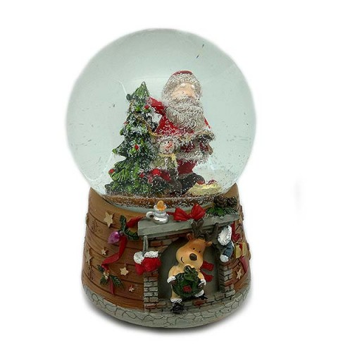 Bola de nieve musical, con papá Noel y árbol navideño.