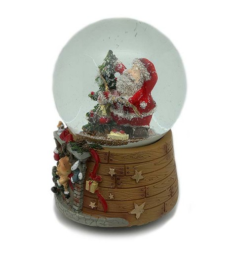 Bola de nieve musical, con papá Noel y árbol navideño.