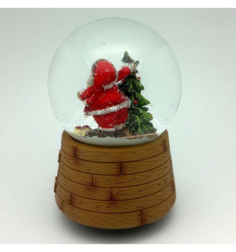 Bola de nieve musical, con papá Noel y árbol navideño.