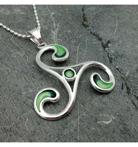 Large pendant, trisquel shape, fired enamel green tones.