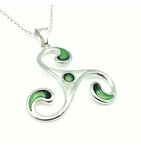 Large pendant, trisquel shape, fired enamel green tones.