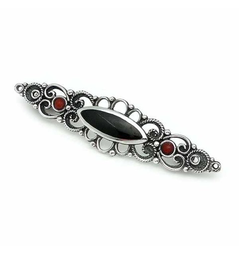 Sterling silver, jet and coral brooch