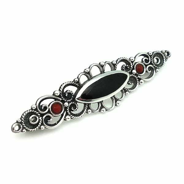Sterling silver, jet and coral brooch