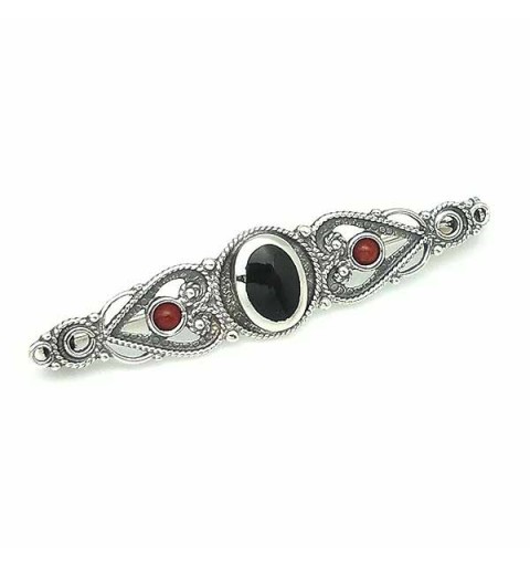 Elongated brooch, classic style, made of sterling silver, jet and coral.