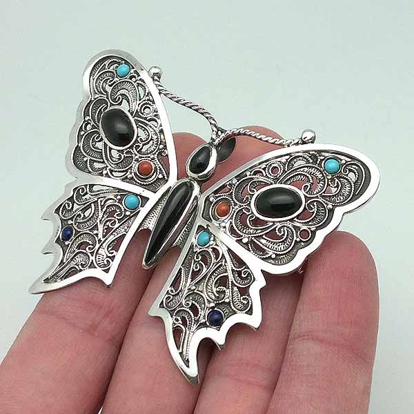Artisan Made Butterfly Pendant Turquoise & Coral Sterling Silver Necklace