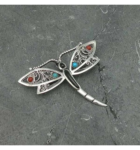Dragonfly brooch, in sterling silver, jet, coral and turquoise.