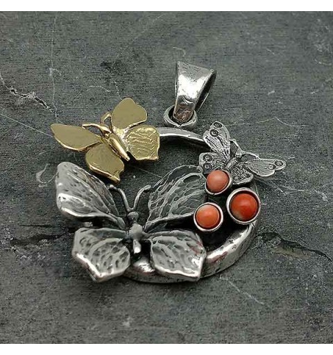 Butterfly pendant, in sterling silver, bronze and coral.