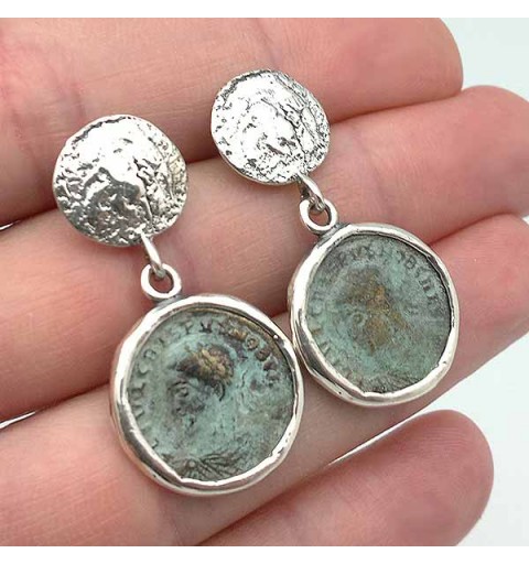Pendientes con monedas romanas, elaborados en plata de ley y bronce