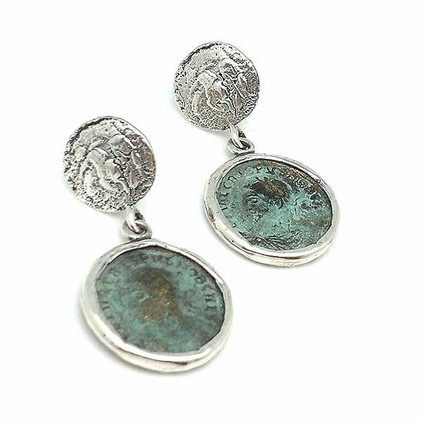 Earrings with Roman coins, made of sterling silver and bronze