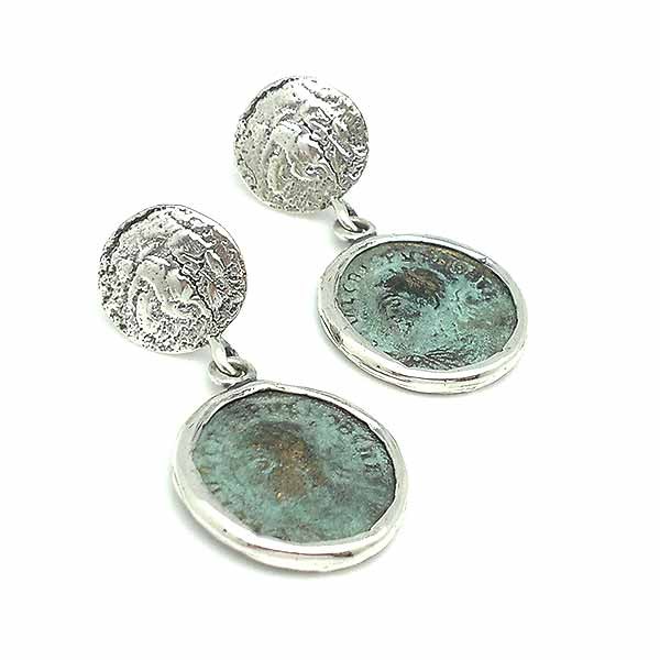 Earrings with Roman coins, made of sterling silver and bronze