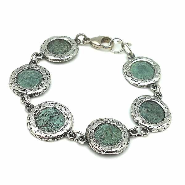 Bracelet in sterling silver and bronze, with Roman coins.