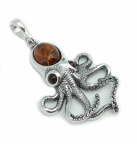 Octopus-shaped pendant, in sterling silver and amber.