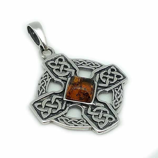 Celtic cross, in sterling silver and amber.