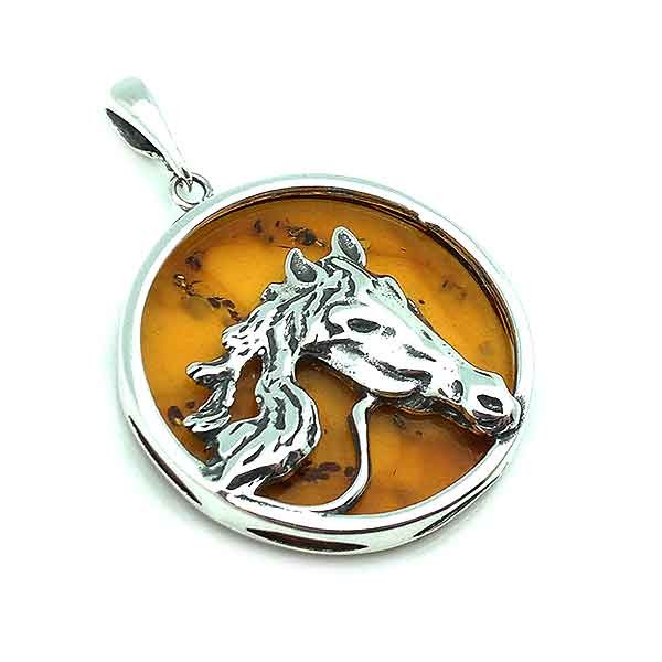 Horse pendant, in sterling silver and amber.