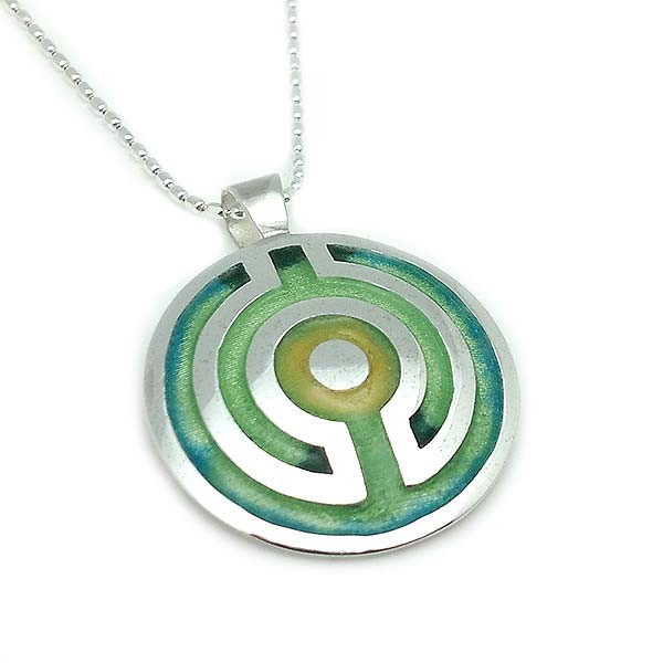 Celtic pendant, in the shape of a labyrinth, made of sterling silver and fire enamel.